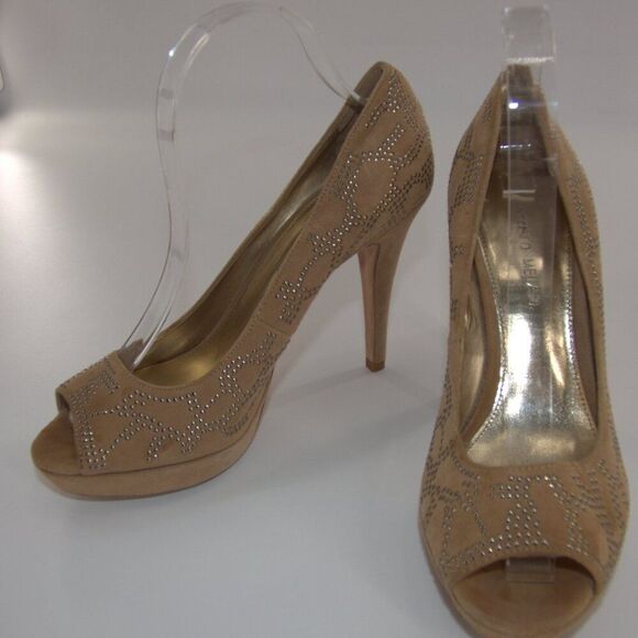 Antonio Melani Leather Suede Studded Elegant Brown Peep-Toe Heels Size 8.5 - Picture 4 of 11